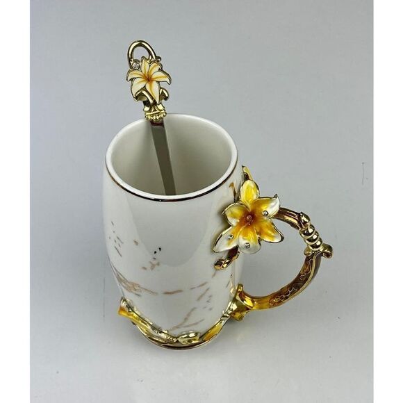 BTaT Brew To A Tea Fancy Ceramic Coffee Tea Mug w/ Spoon Floral White Yellow Gol - Picture 2 of 8